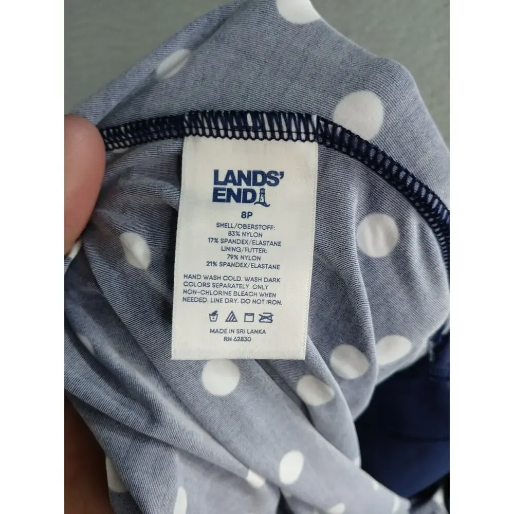 Lands End Swim Top Womens 8P Petite Navy Blue Polka Dot Tankini Padded NWT